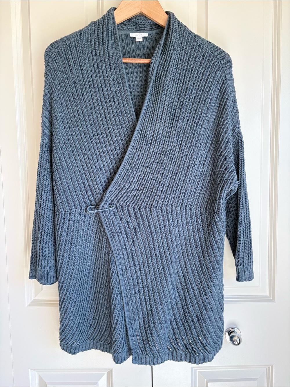 Pure Jill J.Jill Wrap Cardigan Sweater Blue Gray Cotton Rayon Textured Knit L